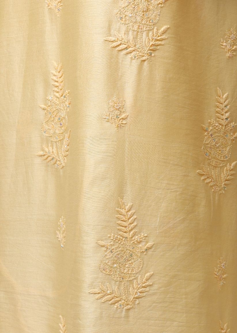 Firgun Yellow Lucknowi Chikankari with Pearl Work Chanderi Unstitched Kurta & Dupatta Set