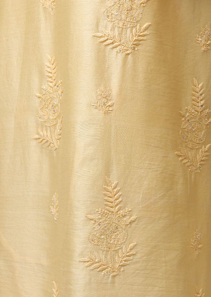 Firgun Yellow Lucknowi Chikankari with Pearl Work Chanderi Unstitched Kurta & Dupatta Set