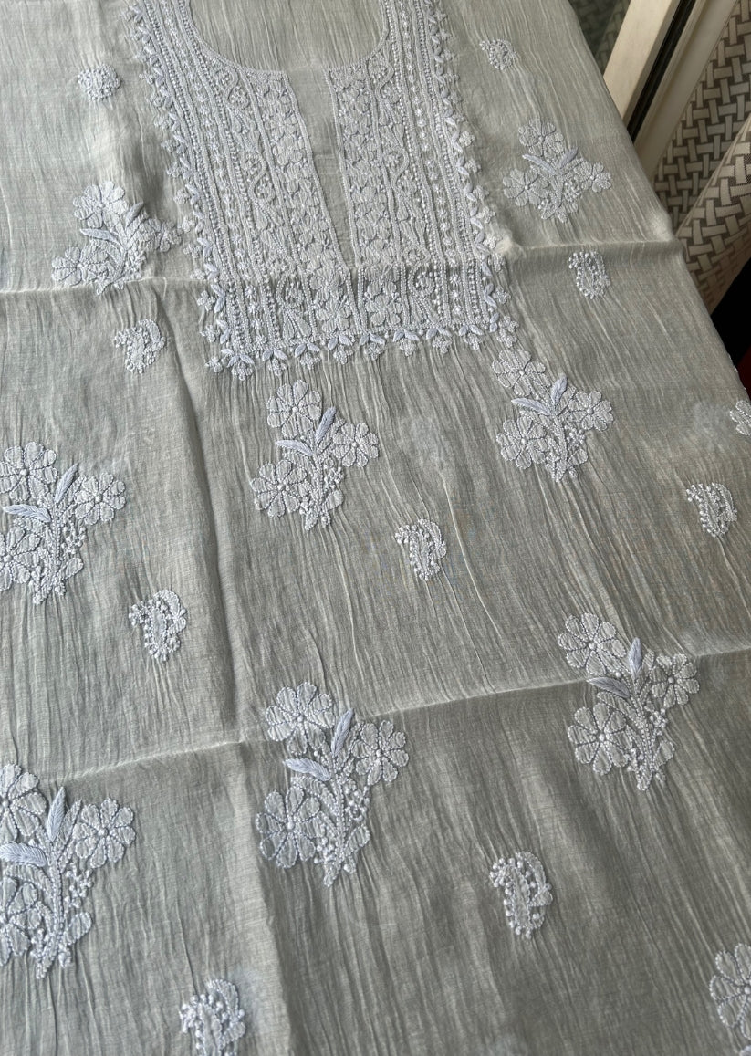Firgun Grey Lucknowi Chikankari Mul Chanderi Unstitched Kurta & Dupatta Set
