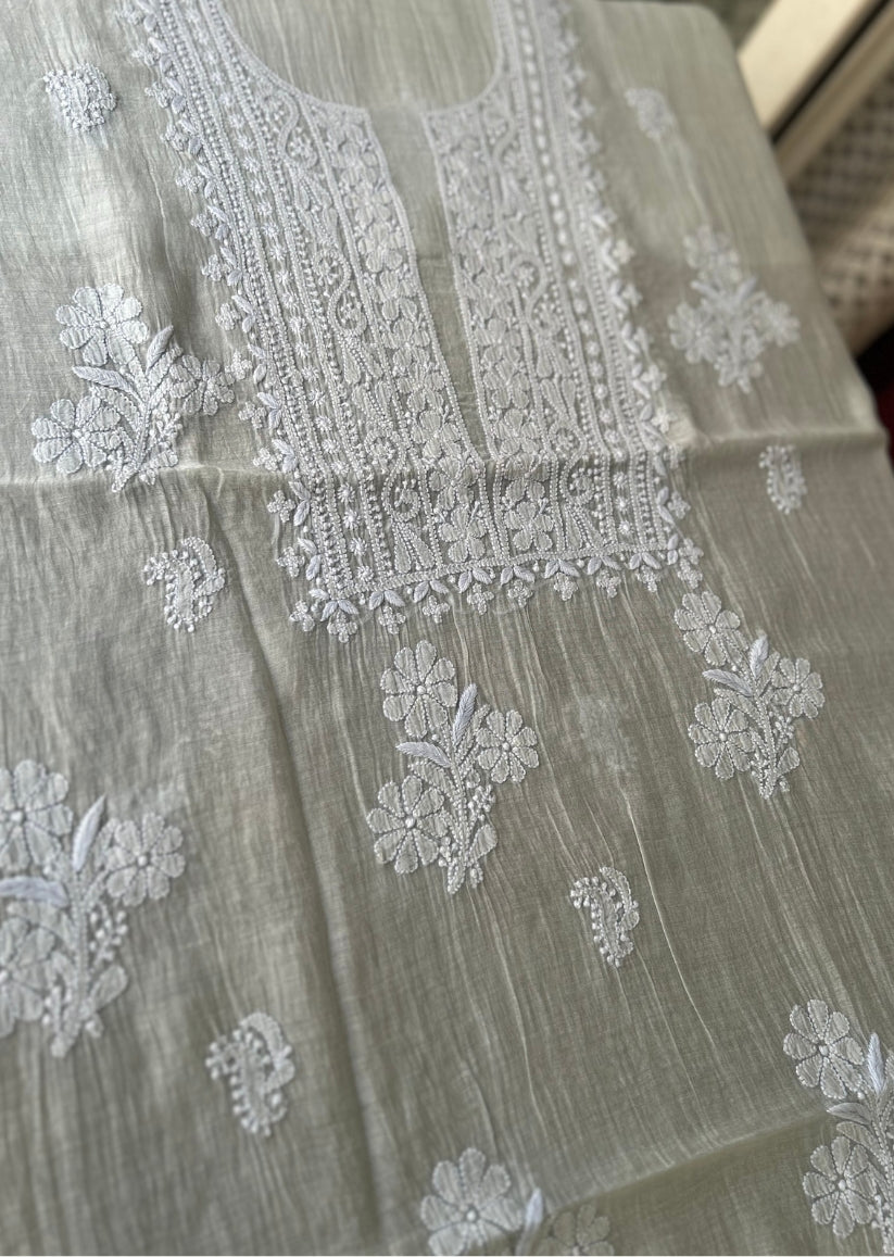 Firgun Grey Lucknowi Chikankari Mul Chanderi Unstitched Kurta & Dupatta Set