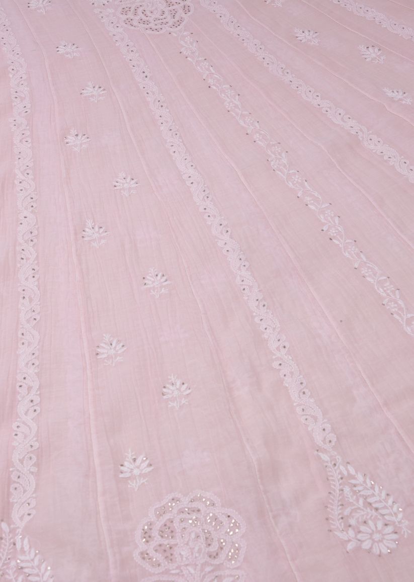 Firgun Blush Pink Lucknowi Chikankari Mul Chanderi Anarkali Styled Unstitched Kurta & Dupatta Set