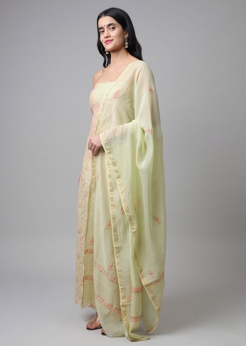 Firgun Light Green Lucknowi Chikankari Mul Chanderi Unstitched Kurta & Dupatta Set