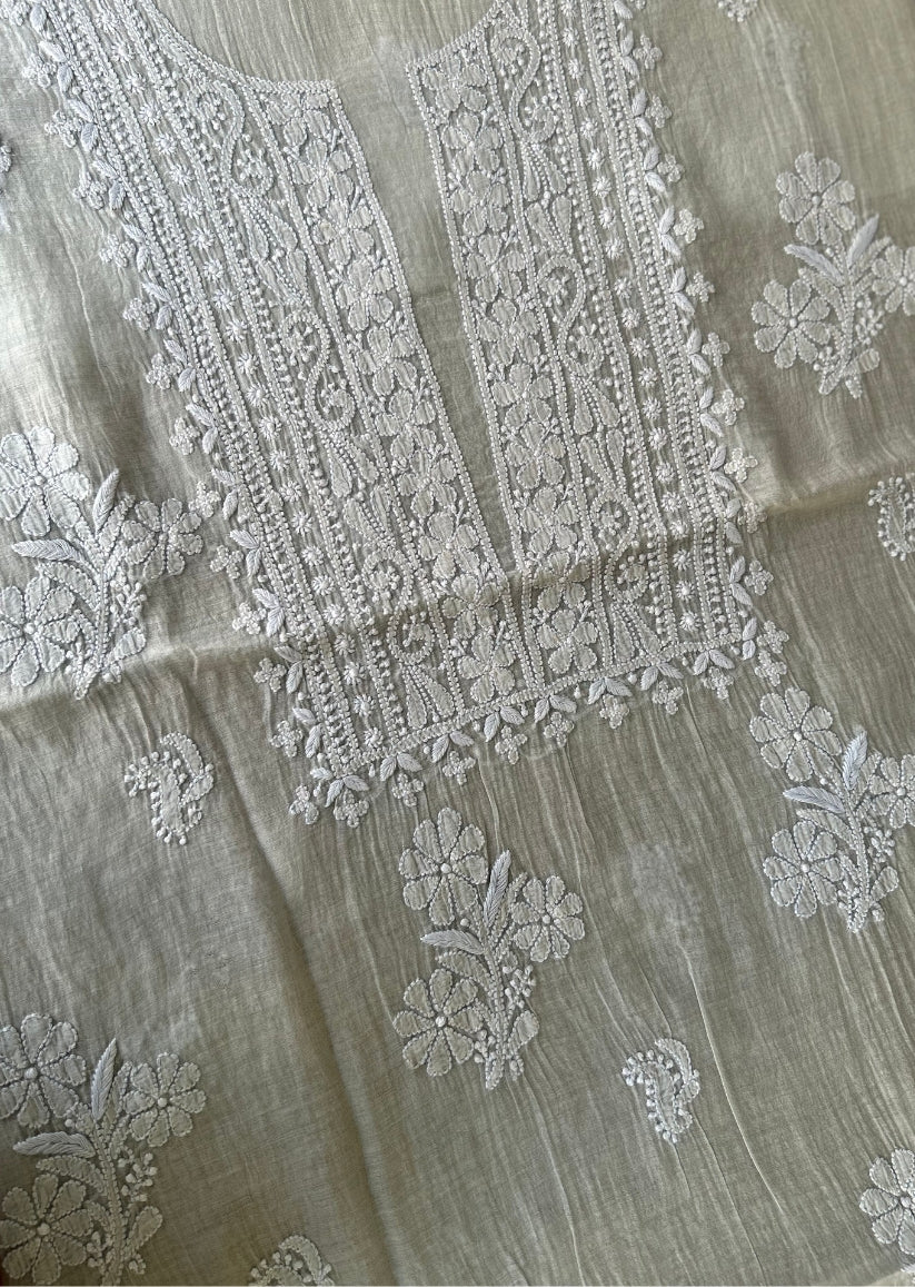 Firgun Grey Lucknowi Chikankari Mul Chanderi Unstitched Kurta & Dupatta Set