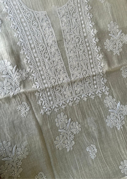 Firgun Grey Lucknowi Chikankari Mul Chanderi Unstitched Kurta & Dupatta Set