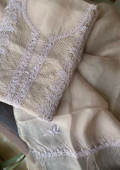 Firgun Rose Gold Lucknowi Chikankari Pure Organza Unstitched Kurta & Dupatta Set