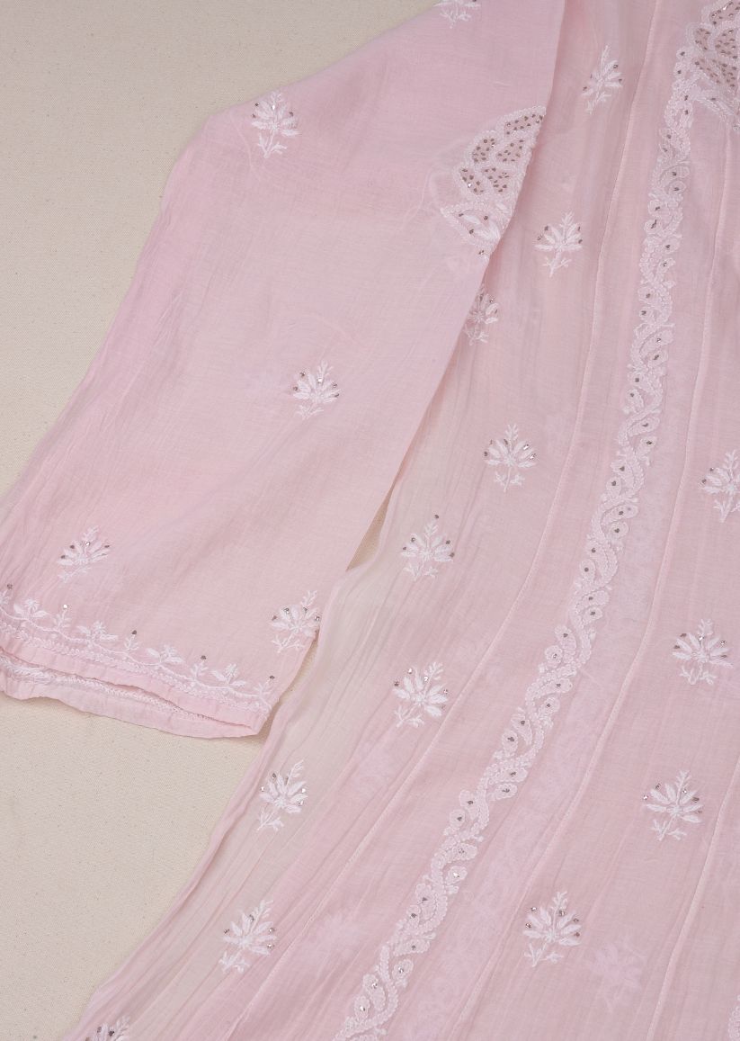 Firgun Blush Pink Lucknowi Chikankari Mul Chanderi Anarkali Styled Unstitched Kurta & Dupatta Set