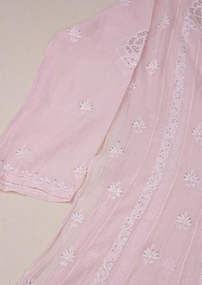 Firgun Blush Pink Lucknowi Chikankari Mul Chanderi Anarkali Styled Unstitched Kurta & Dupatta Set