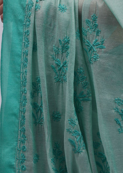 Firgun Green Lucknowi Chikankari Organza Tissue Saree with Unstitched Blouse Piece
