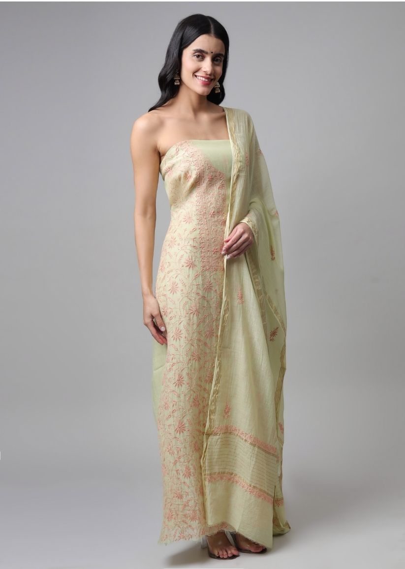 Firgun Light Green Lucknowi Chikankari Mul Chanderi Unstitched Kurta & Dupatta Set