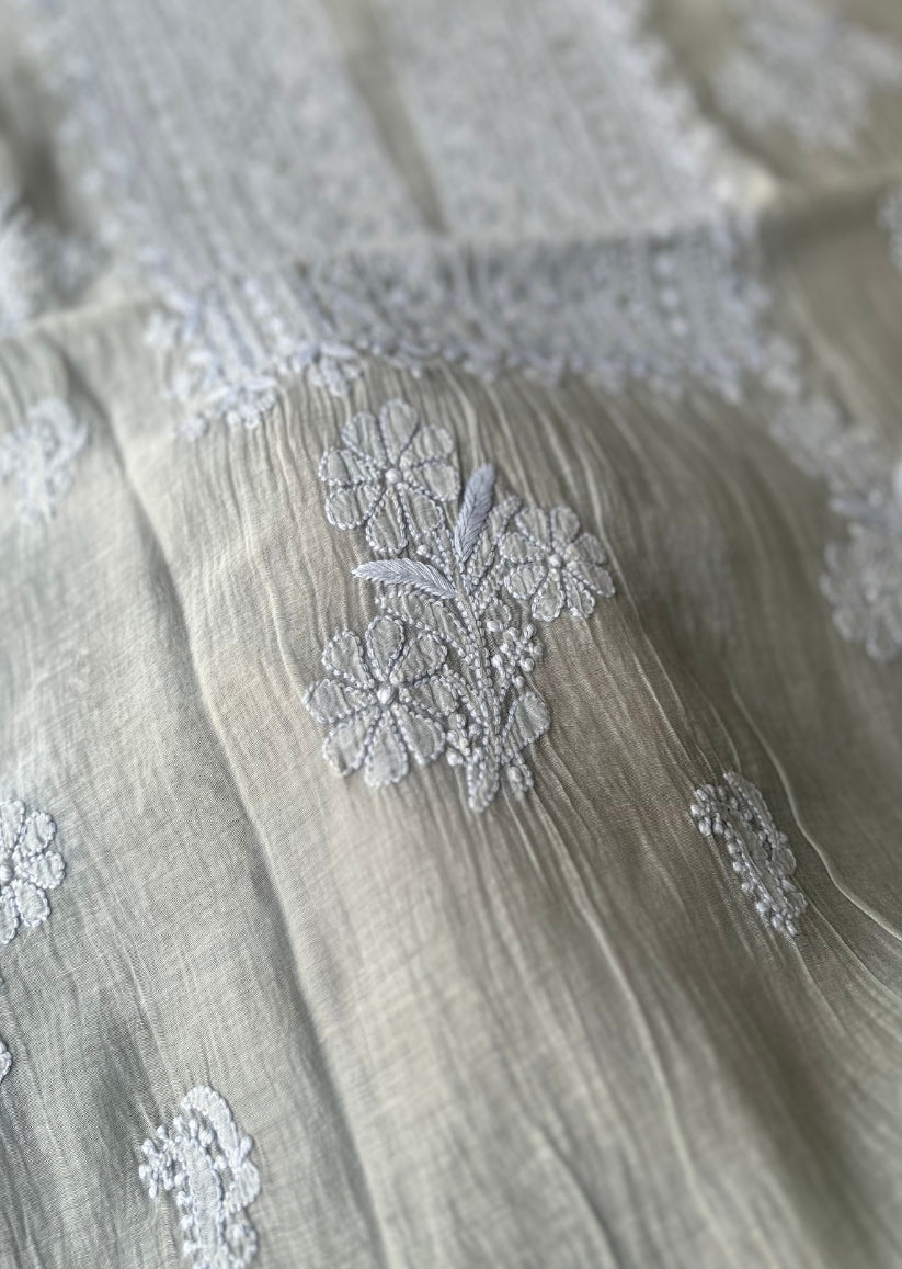 Firgun Grey Lucknowi Chikankari Mul Chanderi Unstitched Kurta & Dupatta Set