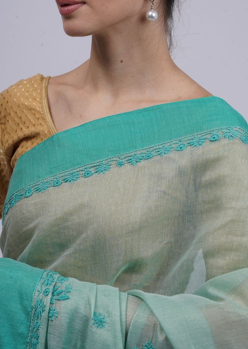 Firgun Green Lucknowi Chikankari Organza Tissue Saree with Unstitched Blouse Piece
