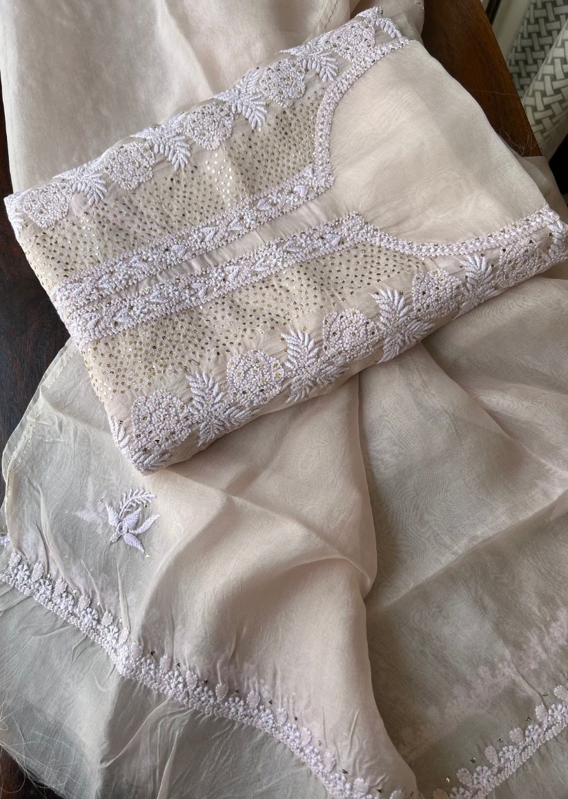 Firgun Rose Gold Lucknowi Chikankari Pure Organza Unstitched Kurta & Dupatta Set