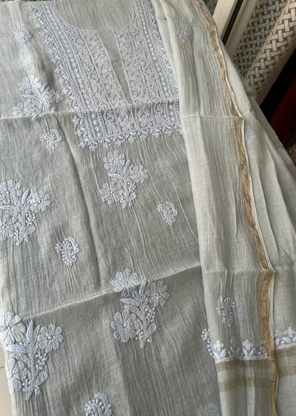 Firgun Grey Lucknowi Chikankari Mul Chanderi Unstitched Kurta & Dupatta Set