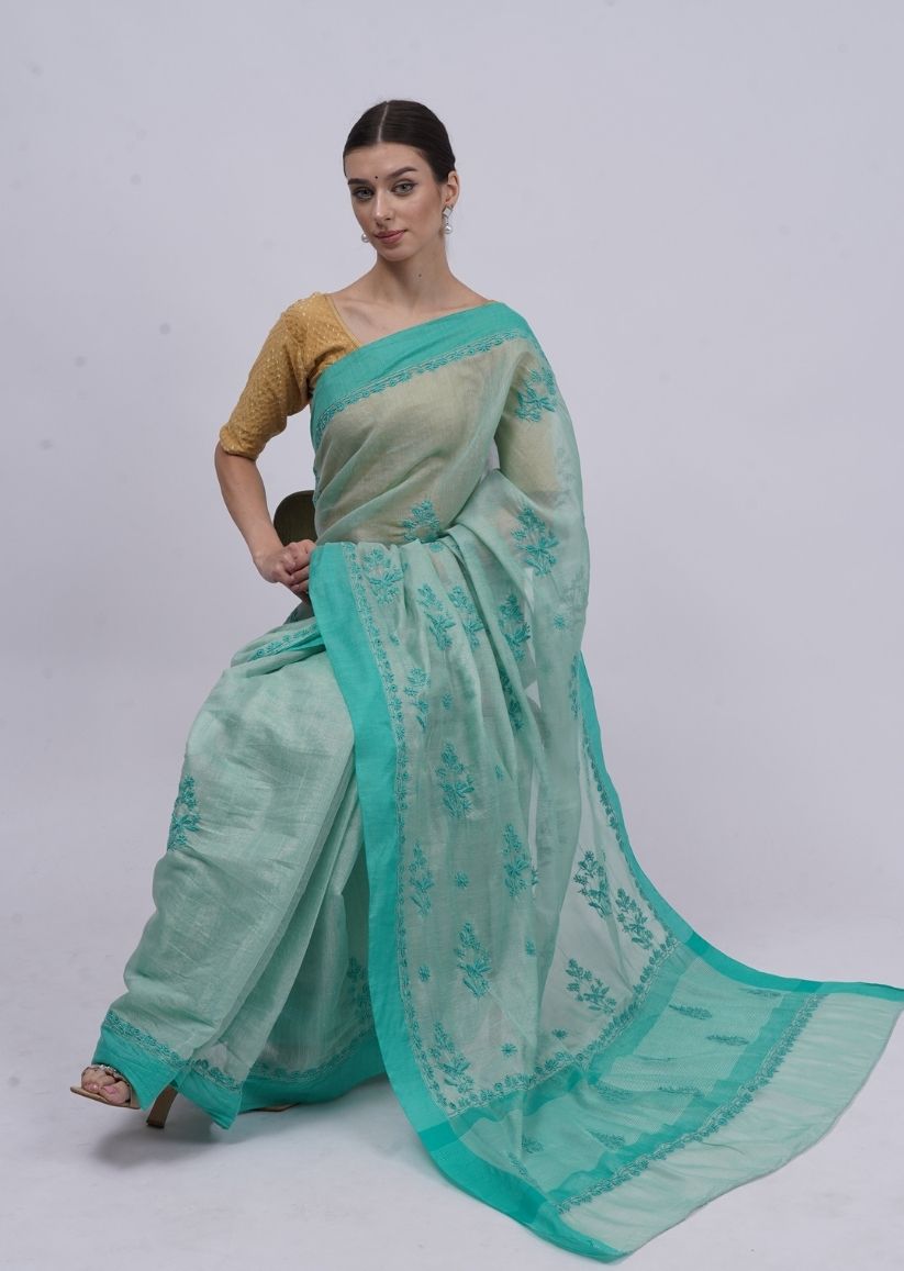 Firgun Green Lucknowi Chikankari Organza Tissue Saree with Unstitched Blouse Piece