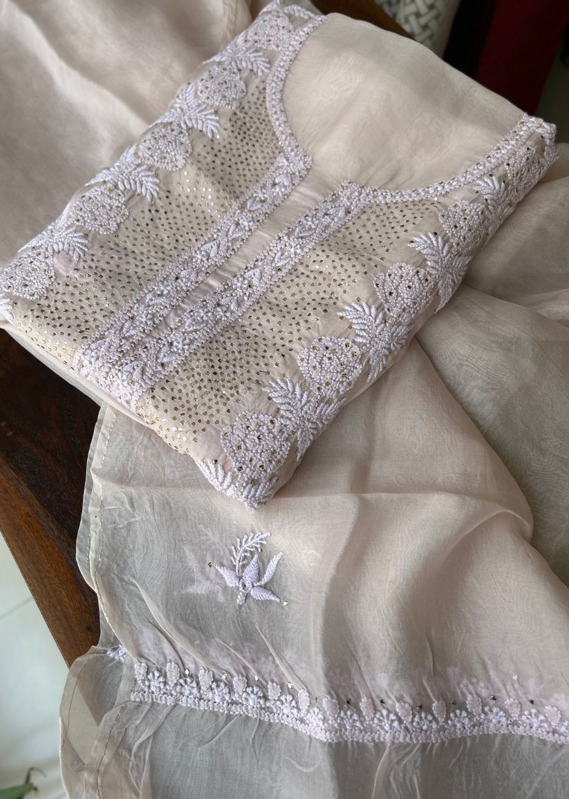 Firgun Rose Gold Lucknowi Chikankari Pure Organza Unstitched Kurta & Dupatta Set