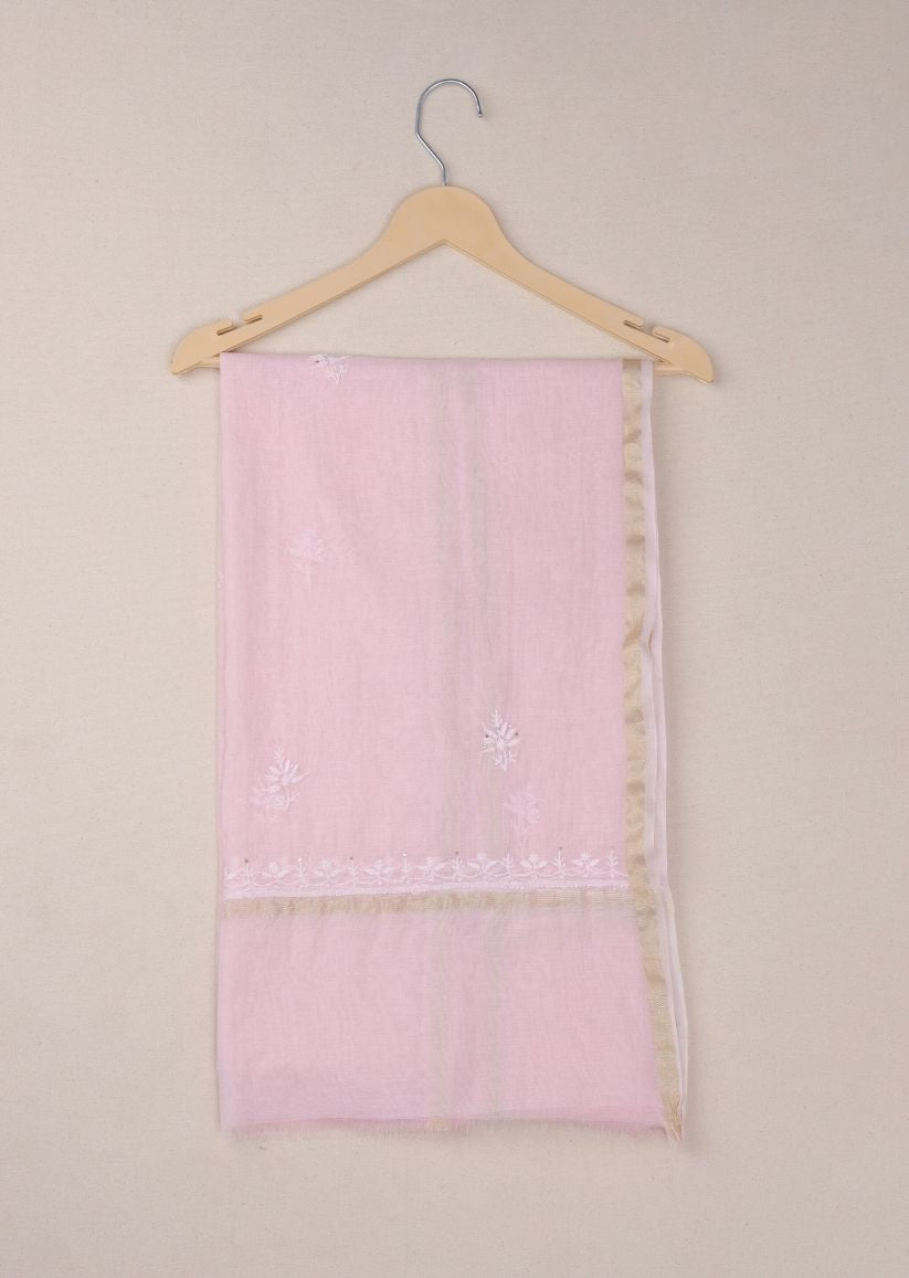 Firgun Blush Pink Lucknowi Chikankari Mul Chanderi Anarkali Styled Unstitched Kurta & Dupatta Set