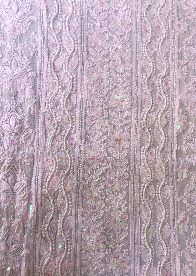 Firgun Baby Pink Lucknowi Chikankari Viscose Georgette Unstitched Kurta & Dupatta Set