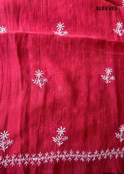 Firgun Red Lucknowi Chikankari Mul Chanderi Unstitched Kurta & Dupatta Set with Pearl & Cutdana Work