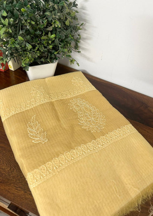 Firgun Mustard Lucknowi Chikankari Mul Cotton Saree with Unstitched Blouse Piece