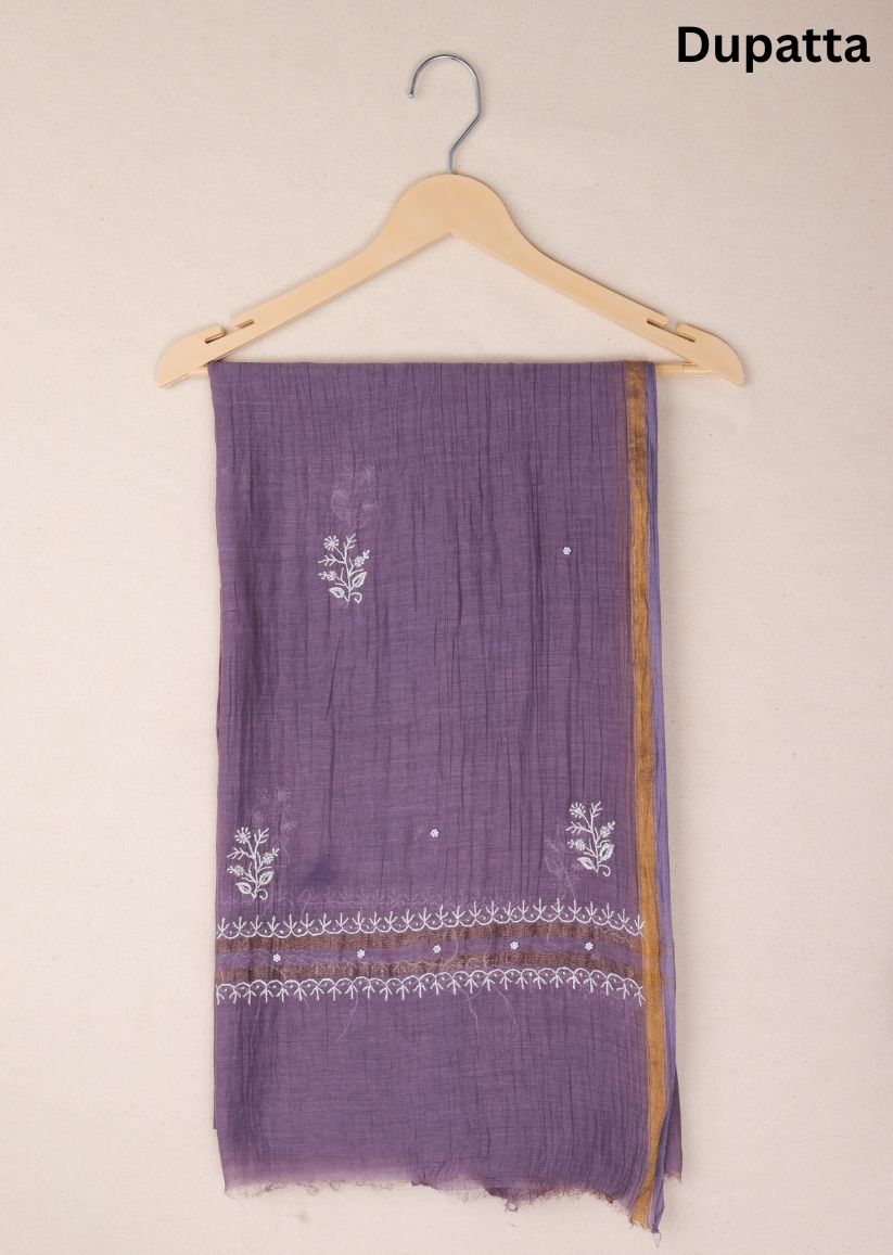 Firgun Mauve Lucknowi Chikankari & Pearl Work Mul Chanderi Unstitched Kurta & Dupatta Set