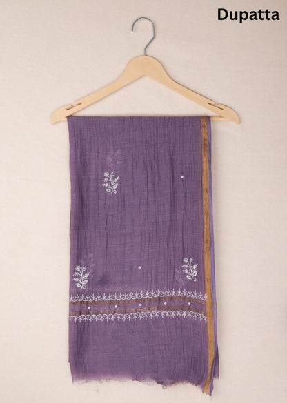 Firgun Mauve Lucknowi Chikankari & Pearl Work Mul Chanderi Unstitched Kurta & Dupatta Set