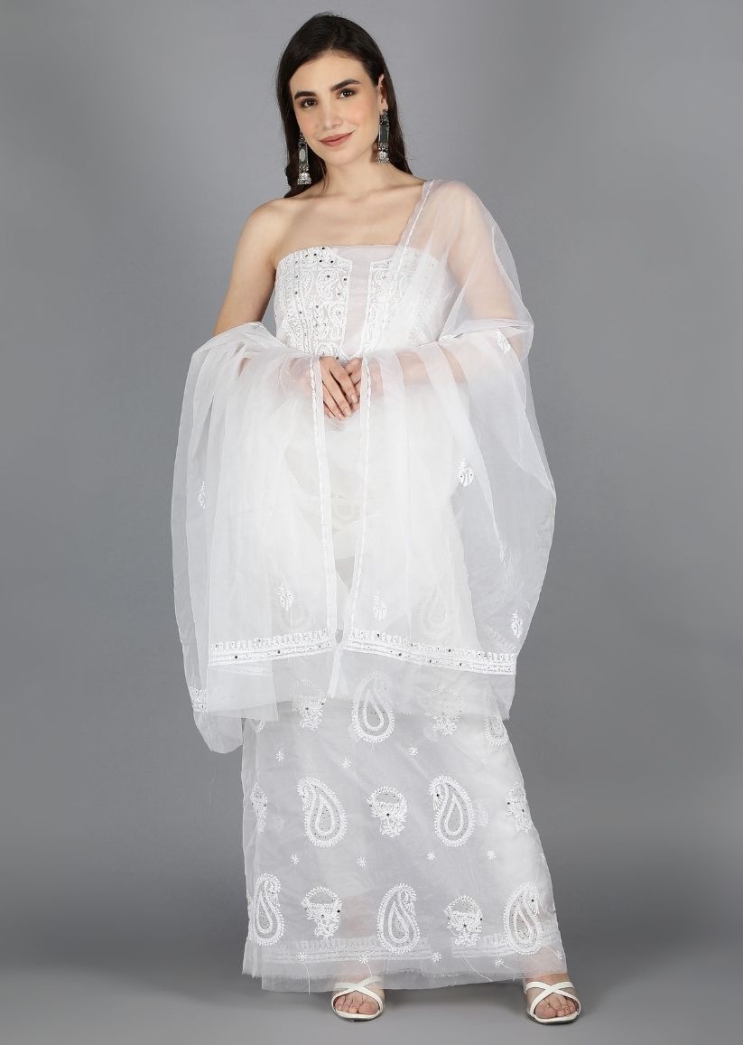 Firgun White Lucknowi Chikankari and Mukaish Work Organza Unstitched Kurta & Dupatta Set