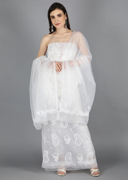 Firgun White Lucknowi Chikankari and Mukaish Work Organza Unstitched Kurta & Dupatta Set