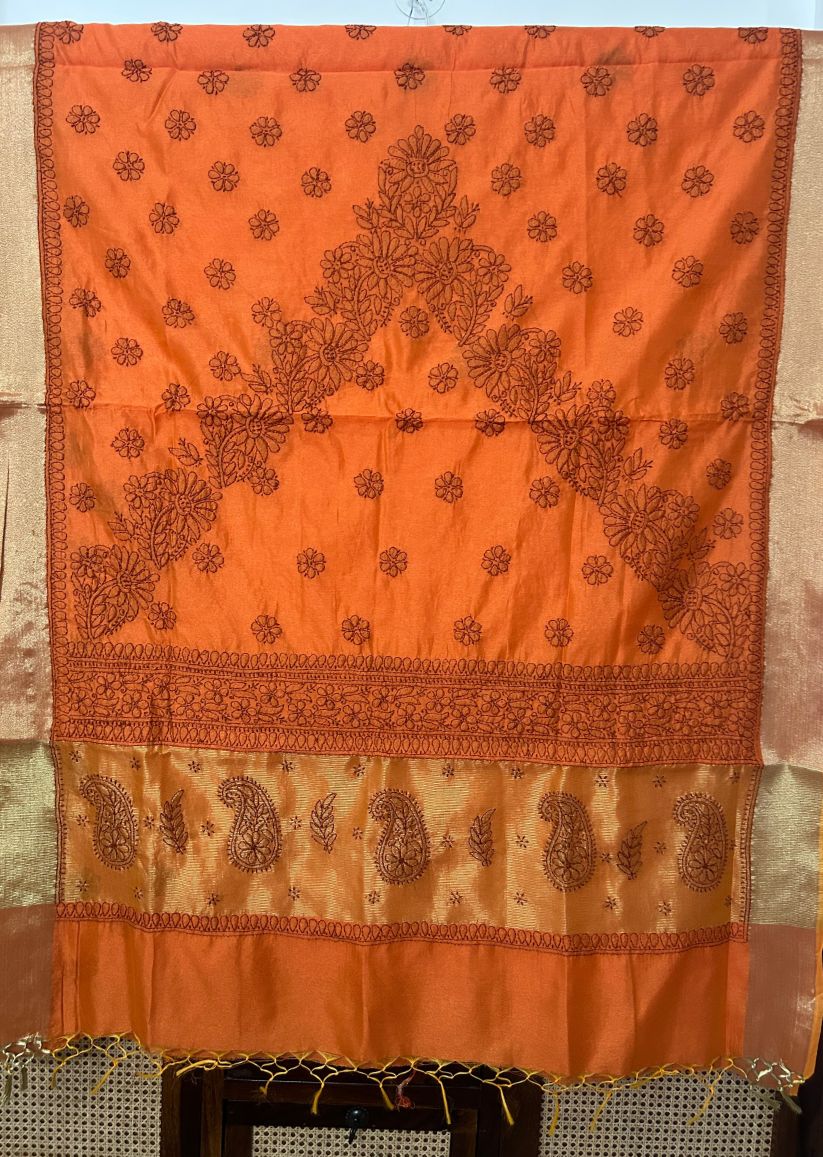 Firgun Tangerine Lucknowi Chikankari Chanderi Saree with Unstitched Blouse Piece
