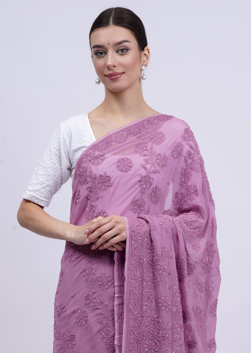 Firgun Wine Lucknowi Chikankari Viscose Georgette Saree with Unstitched Blouse Piece