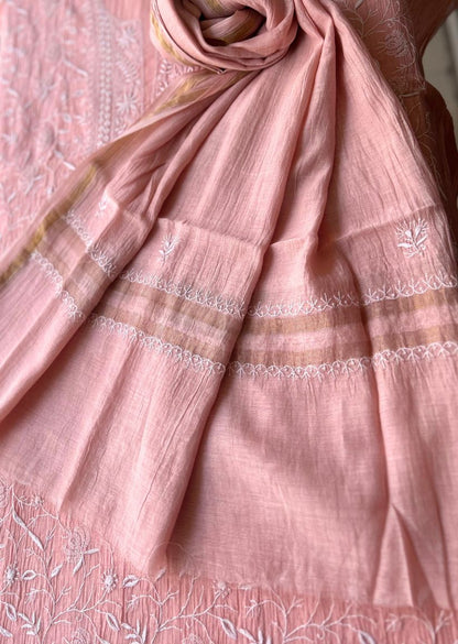 Firgun Peach Lucknowi Chikankari Mul Chanderi Unstitched Kurta & Dupatta Set