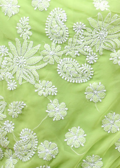 Firgun Olive Green Lucknowi Chikankari Georgette Saree with Unstitched Blouse Piece
