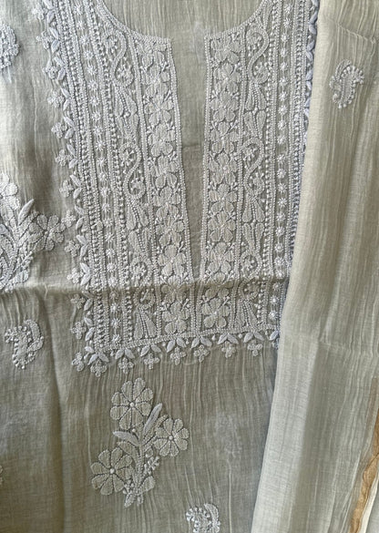 Firgun Grey Lucknowi Chikankari Mul Chanderi Unstitched Kurta & Dupatta Set
