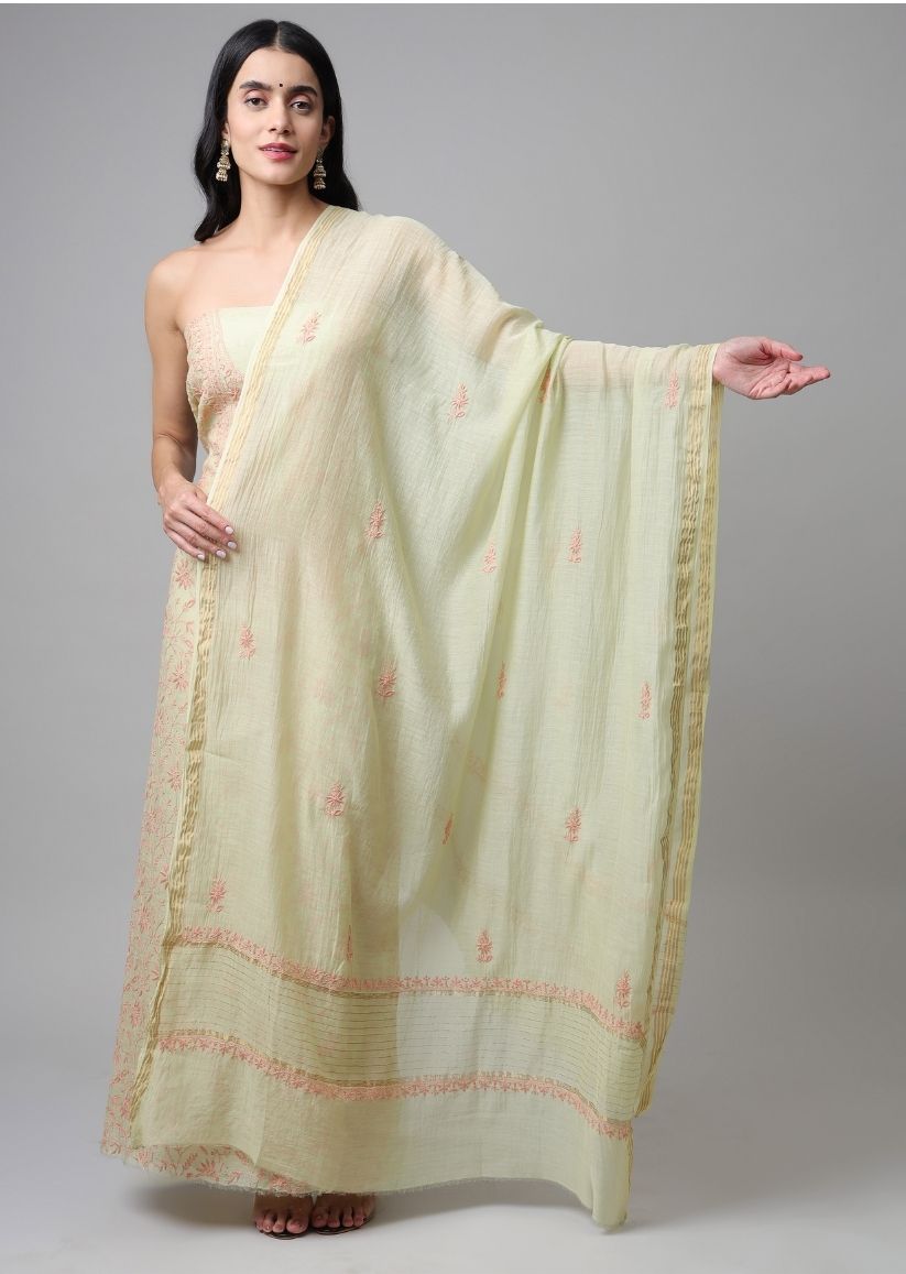Firgun Light Green Lucknowi Chikankari Mul Chanderi Unstitched Kurta & Dupatta Set