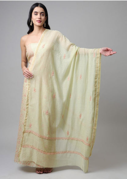 Firgun Light Green Lucknowi Chikankari Mul Chanderi Unstitched Kurta & Dupatta Set