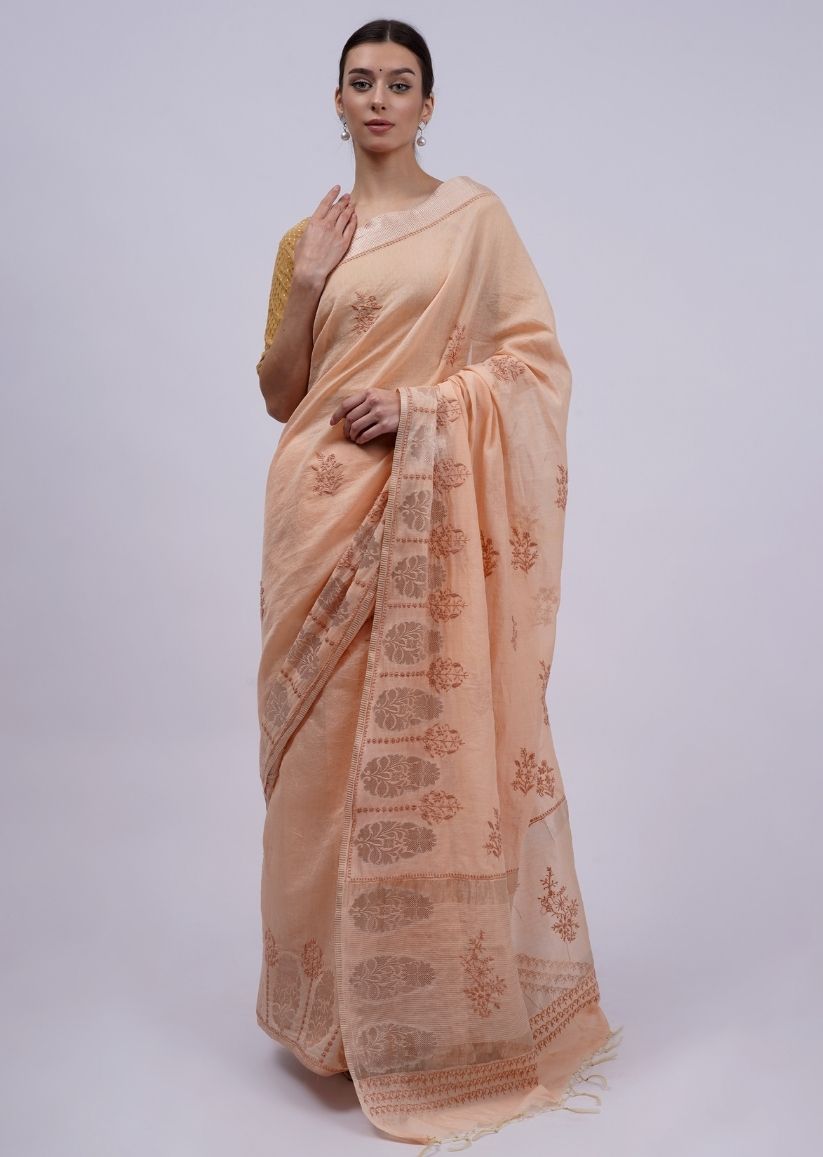 Firgun Peach Lucknowi Chikankari Chanderi Tissue Saree with Unstitched Blouse Piece