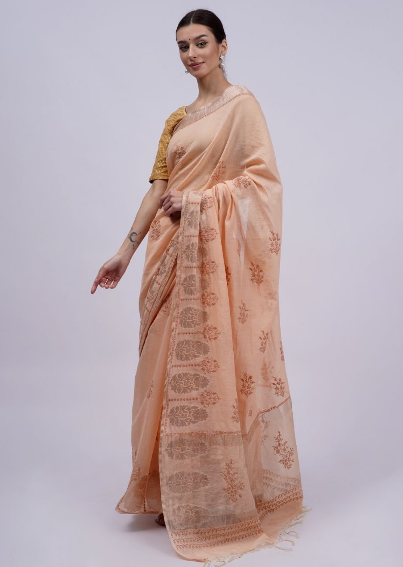 Firgun Peach Lucknowi Chikankari Chanderi Tissue Saree with Unstitched Blouse Piece