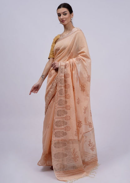 Firgun Peach Lucknowi Chikankari Chanderi Tissue Saree with Unstitched Blouse Piece
