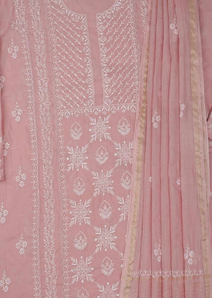 Firgun Mauve Pink Lucknowi Chikankari Mul Chanderi Unstitched Kurta & Dupatta Set