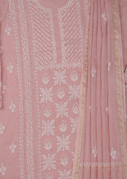 Firgun Mauve Pink Lucknowi Chikankari Mul Chanderi Unstitched Kurta & Dupatta Set