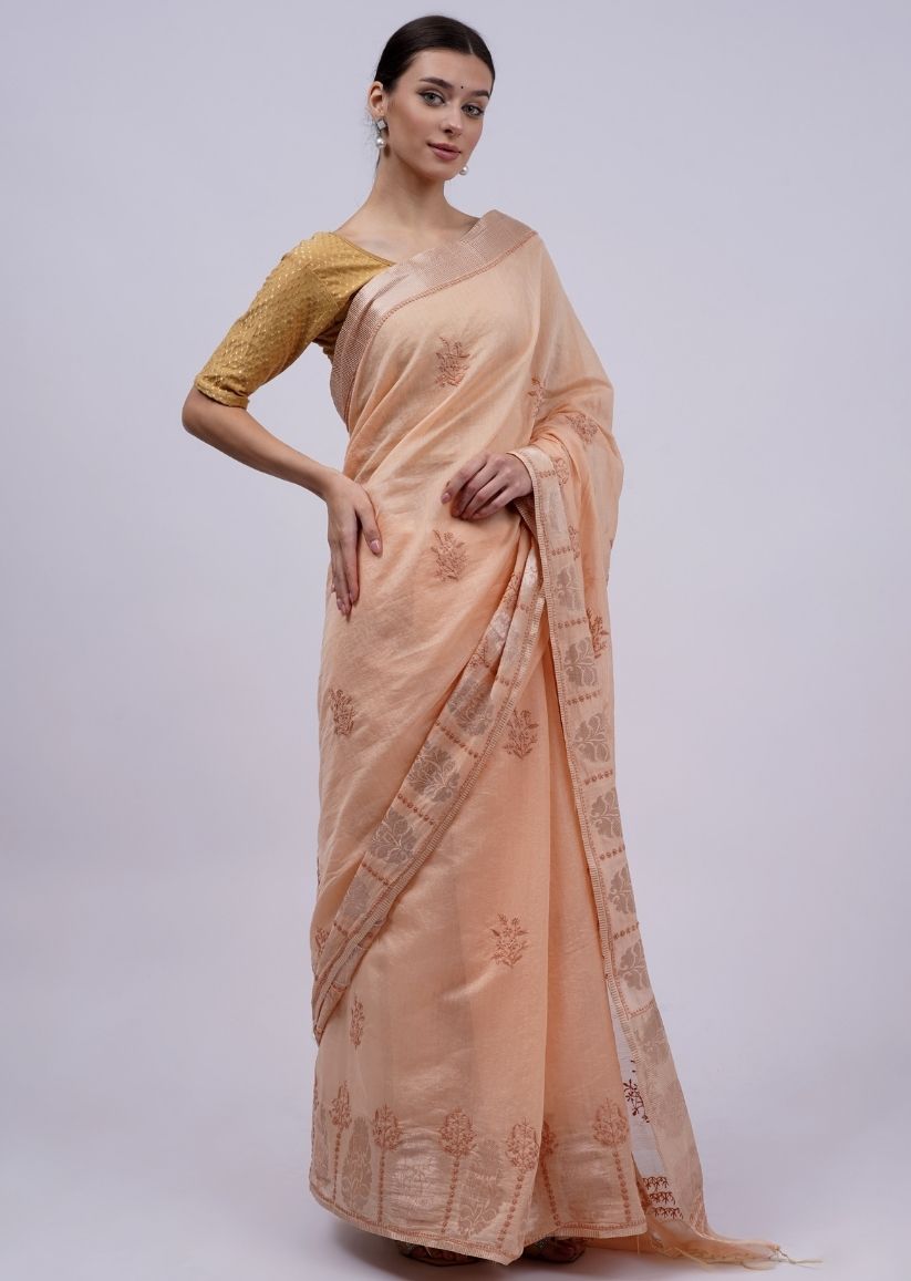 Firgun Peach Lucknowi Chikankari Chanderi Tissue Saree with Unstitched Blouse Piece