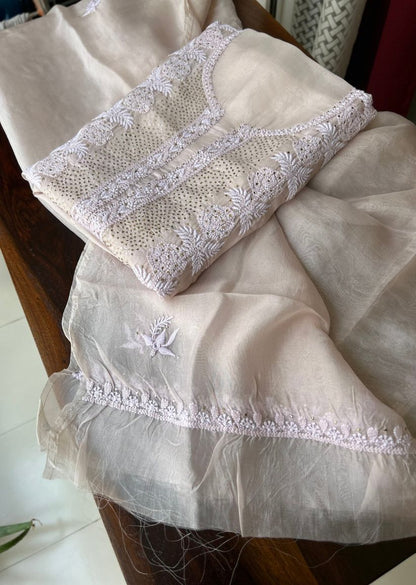 Firgun Rose Gold Lucknowi Chikankari Pure Organza Unstitched Kurta & Dupatta Set