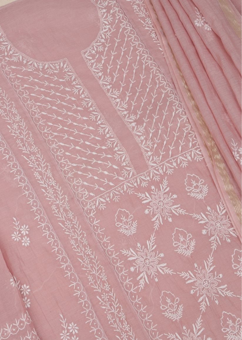 Firgun Mauve Pink Lucknowi Chikankari Mul Chanderi Unstitched Kurta & Dupatta Set