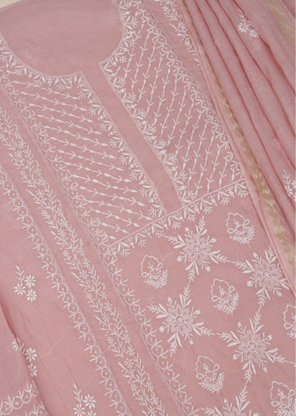 Firgun Mauve Pink Lucknowi Chikankari Mul Chanderi Unstitched Kurta & Dupatta Set