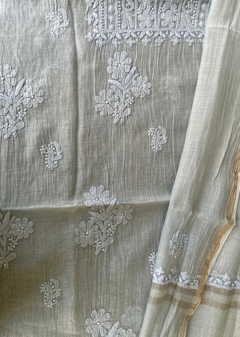 Firgun Grey Lucknowi Chikankari Mul Chanderi Unstitched Kurta & Dupatta Set