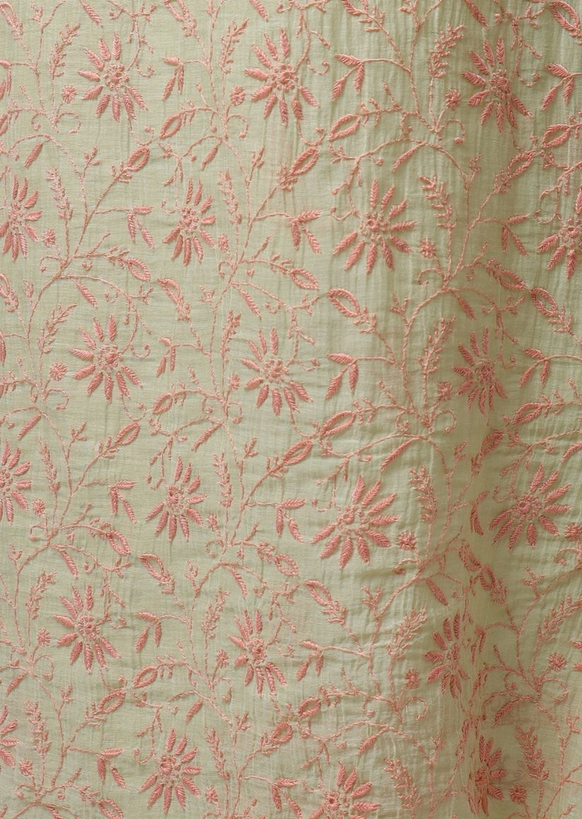 Firgun Light Green Lucknowi Chikankari Mul Chanderi Unstitched Kurta & Dupatta Set