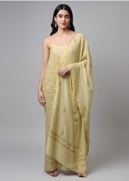 Firgun Mehendi Green Lucknowi Chikankari Mul Chanderi Unstitched Kurta & Dupatta Set