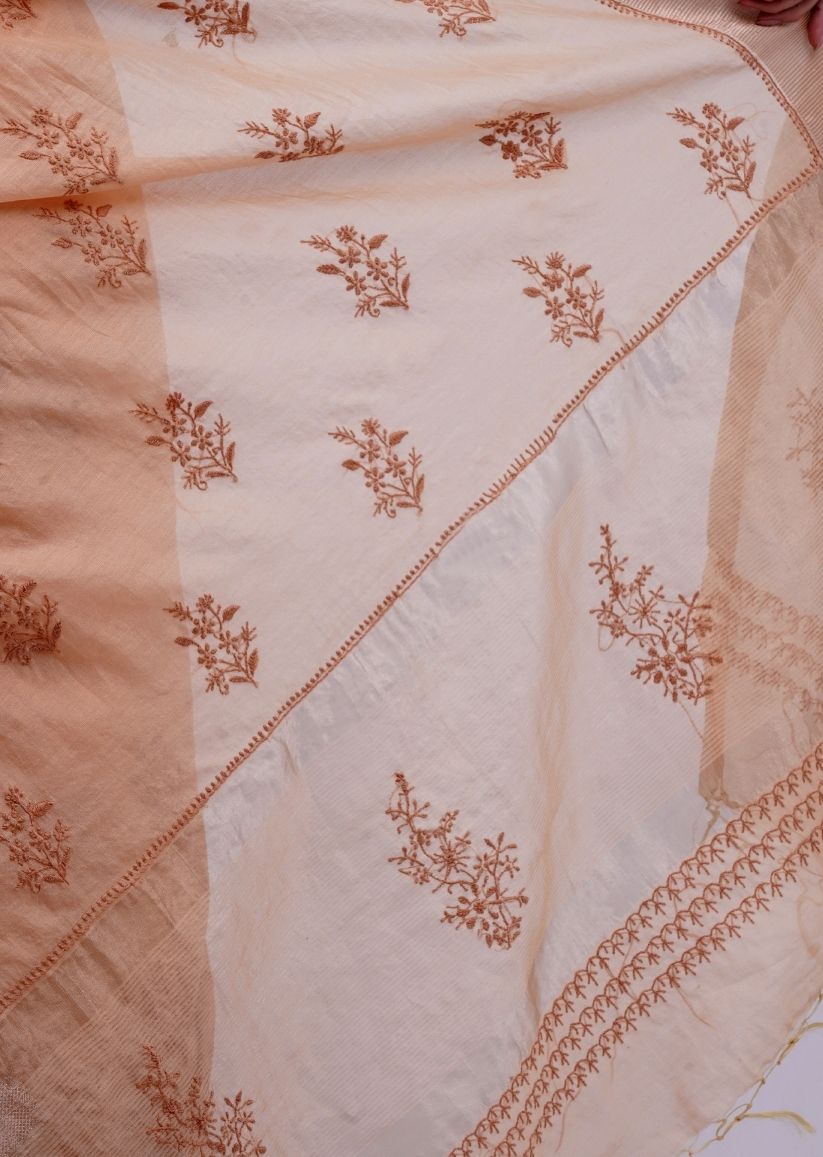 Firgun Peach Lucknowi Chikankari Chanderi Tissue Saree with Unstitched Blouse Piece