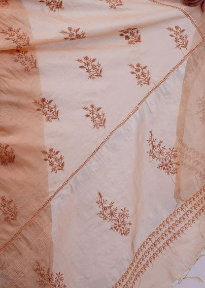 Firgun Peach Lucknowi Chikankari Chanderi Tissue Saree with Unstitched Blouse Piece