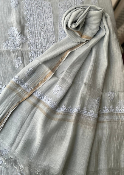 Firgun Grey Lucknowi Chikankari Mul Chanderi Unstitched Kurta & Dupatta Set