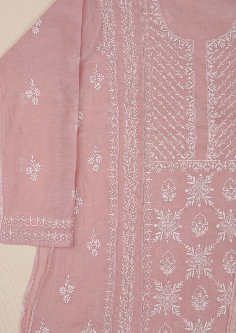 Firgun Mauve Pink Lucknowi Chikankari Mul Chanderi Unstitched Kurta & Dupatta Set